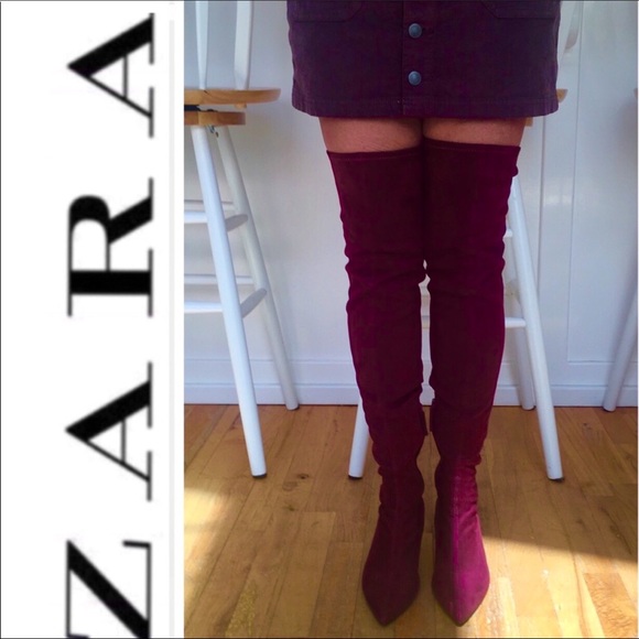 Zara Shoes - ZARA Thigh High Velvety Suede Boots Wine/Burgundy